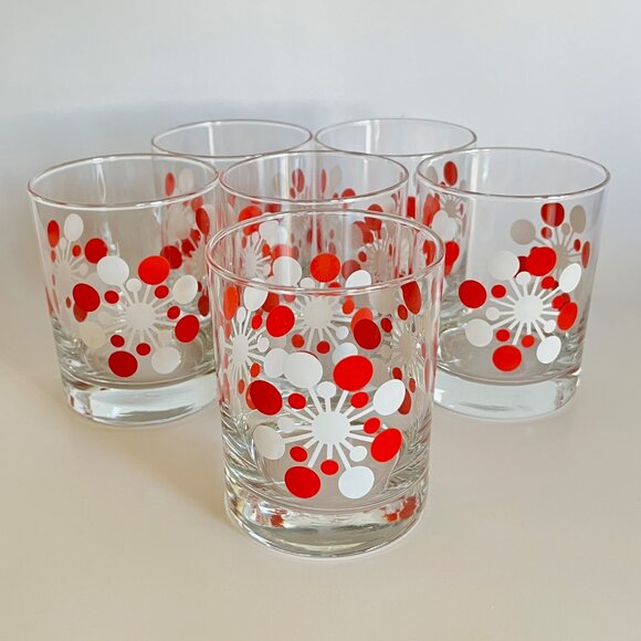 Six 6 Crate & Barrel Atomic Red White Snowflake Christmas Old Fashioned Glasses - Picture 1 of 8
